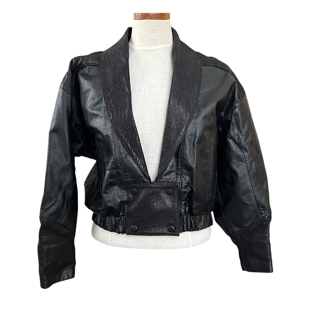 Vintage 80s Black Leather Cropped Brocade Jacket SIZE M Wide Shoulder Fall Sexy